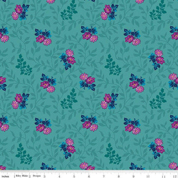 SALE Brilliance Floral Cluster Vine C14221 Ocean - Riley Blake Designs - Floral Flowers Leaves - Quilting Cotton Fabric