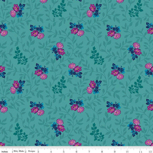 DEAL Brilliance Floral Cluster Vine C14221 Ocean - Riley Blake Designs - Floral Flowers Leaves - Quilting Cotton Fabric