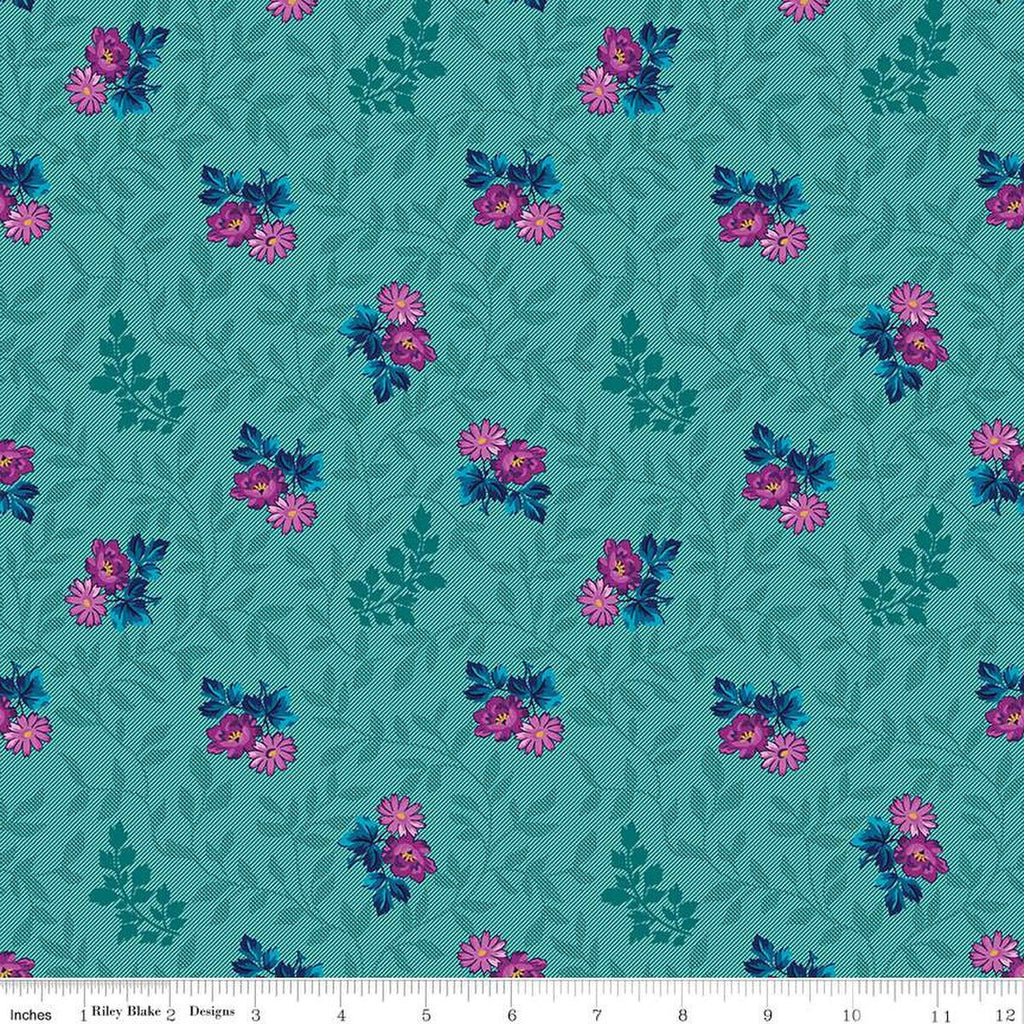 SALE Brilliance Floral Cluster Vine C14221 Ocean by Riley Blake Designs - Floral Flowers Leaves - Quilting Cotton Fabric