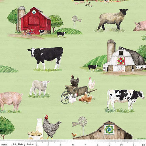 SALE Spring Barn Quilts Main CD14330 Green - Riley Blake Designs - DIGITALLY PRINTED Cows Sheep Chickens Pigs Farm Barns  - Quilting Cotton