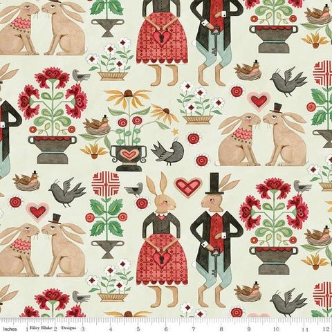 Hop Hop Hooray Main C14270 Flax by Riley Blake Designs - Easter Folk Art Rabbits Flowers Birds - Teresa Kogut- Quilting Cotton Fabric