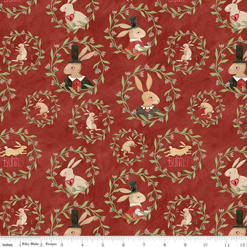 SALE Hop Hop Hooray Bunny Wreaths C14272 Red - Riley Blake Designs - Easter Folk Art Rabbits - Teresa Kogut- Quilting Cotton Fabric