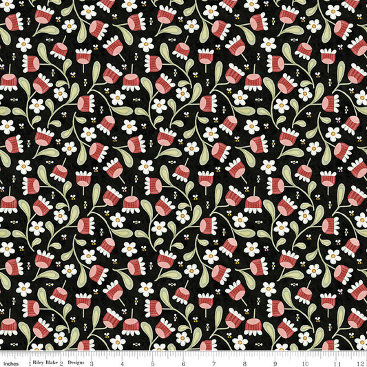 Fat Quarter End of Bolt - DEAL Hop Hop Hooray Blooms & Bees C14274 Black - Riley Blake - Floral - Teresa Kogut - Quilting Cotton Fabric