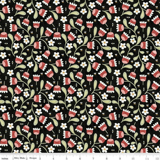 Fat Quarter End of Bolt - SALE Hop Hop Hooray Blooms & Bees C14274 Black - Riley Blake - Floral - Teresa Kogut - Quilting Cotton Fabric