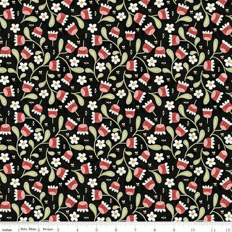 SALE Hop Hop Hooray Blooms and Bees C14274 Black by Riley Blake - Easter Folk Art Floral Flowers - Teresa Kogut - Quilting Cotton Fabric