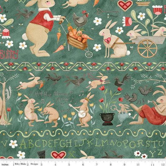 16" End of Bolt - DEAL Hop Hop Hooray Bunny Border Stripe C14277 Teal - Riley Blake - Easter Folk Art Rabbits - Quilting Cotton Fabric