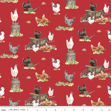 SALE Spring Barn Quilts Chickens CD14331 Red - Riley Blake Designs - DIGITALLY PRINTED Wheelbarrows Milk Cans Baskets - Quilting Cotton