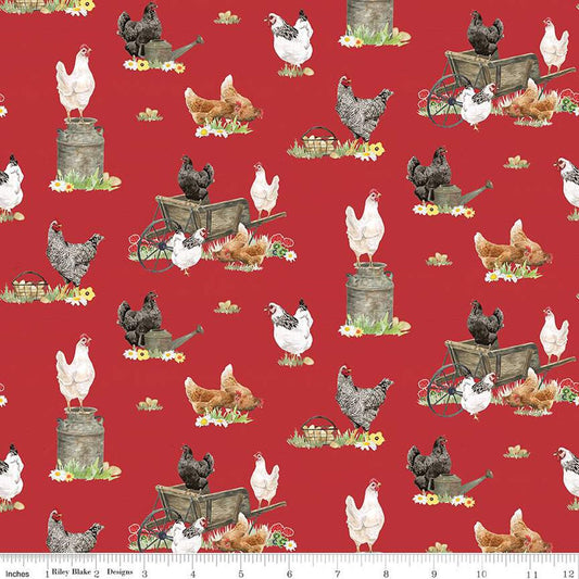 SALE Spring Barn Quilts Chickens CD14331 Red - Riley Blake Designs - DIGITALLY PRINTED Wheelbarrows Milk Cans Baskets - Quilting Cotton