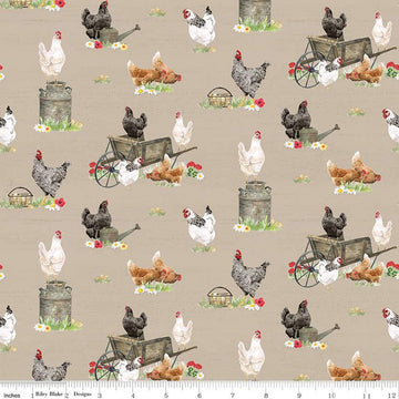 SALE Spring Barn Quilts Chickens CD14331 Tan - Riley Blake Designs - DIGITALLY PRINTED Wheelbarrows Milk Cans Baskets - Quilting Cotton
