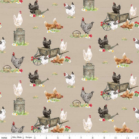 SALE Spring Barn Quilts Chickens CD14331 Tan - Riley Blake Designs - DIGITALLY PRINTED Wheelbarrows Milk Cans Baskets - Quilting Cotton