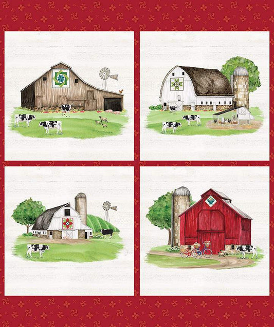 DEAL Spring Barn Quilts PD14336 Pillow Panel - Riley Blake Designs - DIGITALLY PRINTED Barns Bicycles Cow Sheep - Quilting Cotton Fabric