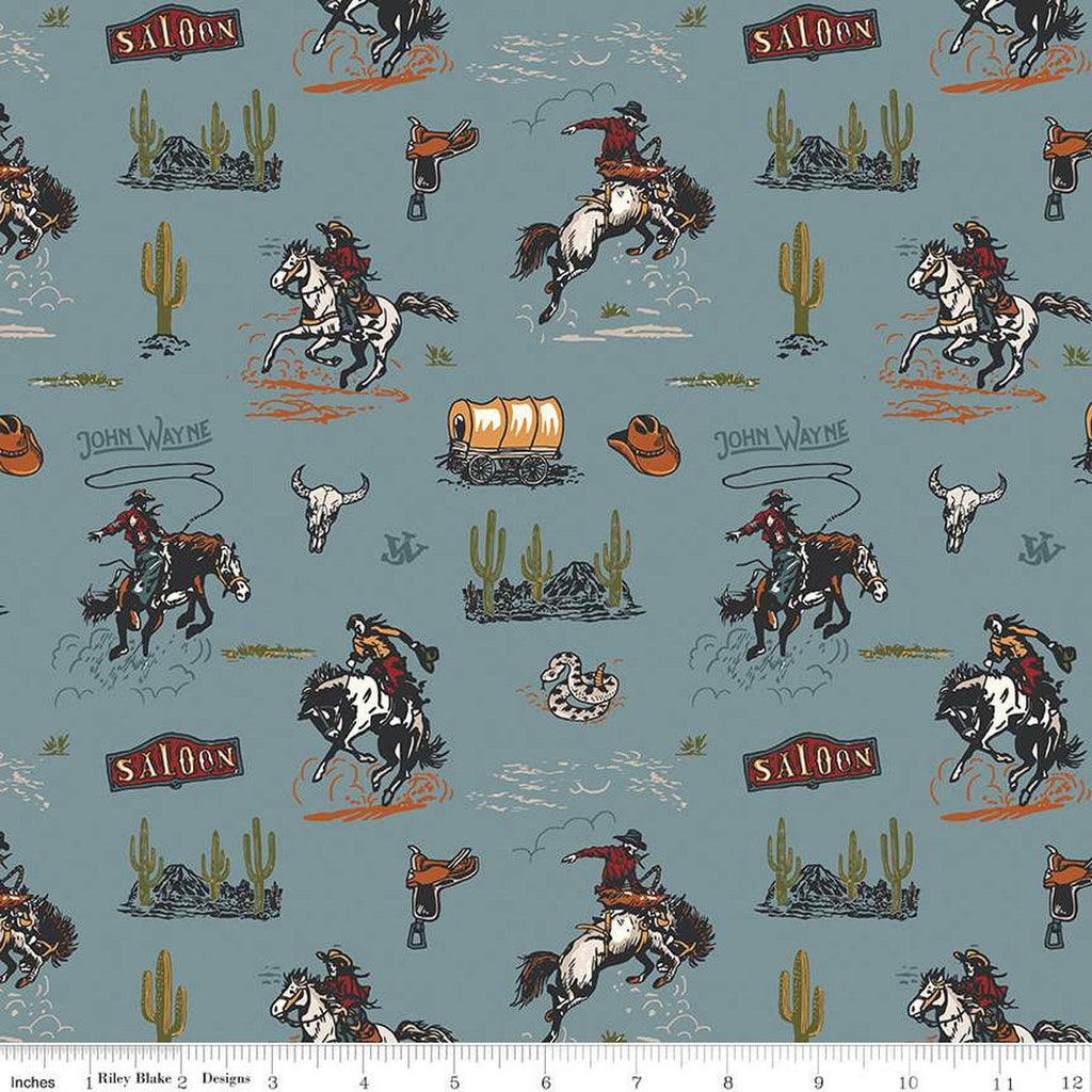 SALE John Wayne Courage Main C14300 Storm - Riley Blake Designs - Western Horses Cowboys Cactus Saddles Wagons - Quilting Cotton Fabric