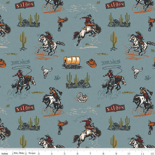 John Wayne Courage Main C14300 Storm - Riley Blake Designs - Western Horses Cowboys Cactus Saddles Wagons - Quilting Cotton Fabric