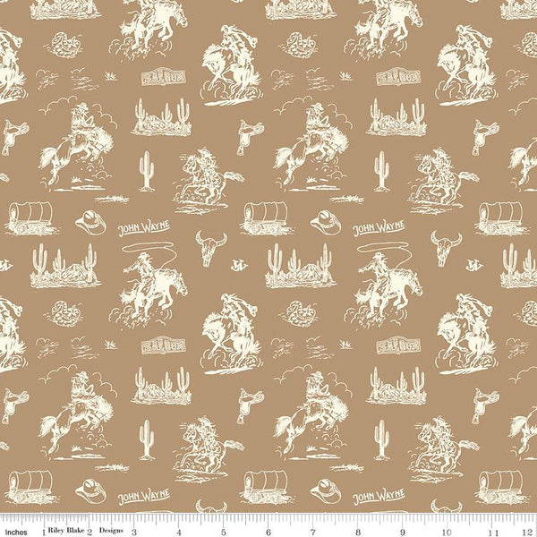 11" End of Bolt - John Wayne Courage Cowboys C14302 Tan - Riley Blake - Western Horses Wagons - Quilting Cotton Fabric - Licensed Product