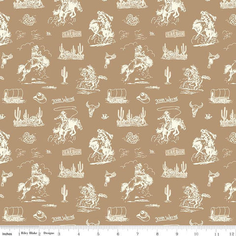 11" End of Bolt - John Wayne Courage Cowboys C14302 Tan - Riley Blake - Western Horses Wagons - Quilting Cotton Fabric - Licensed Product