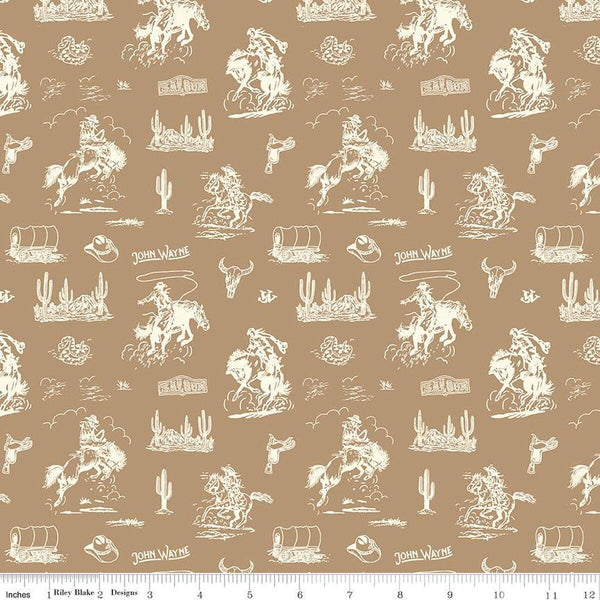 John Wayne Courage Cowboys C14302 Tan - Riley Blake Designs - Western Horses Saddles Wagons - Quilting Cotton Fabric - Licensed Product