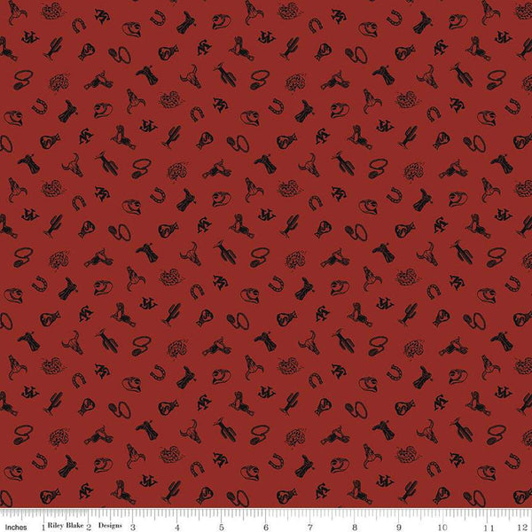 SALE John Wayne Courage Icons C14305 Barn Red - Riley Blake Designs - Western Ropes Horseshoes Skulls Boots Hats - Quilting Cotton Fabric