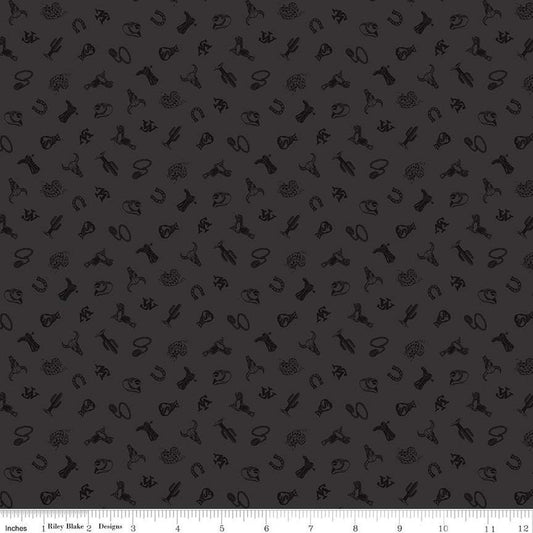 John Wayne Courage Icons C14305 Charcoal - Riley Blake Designs - Western Ropes Horseshoes Skulls - Quilting Cotton Fabric - Licensed Product