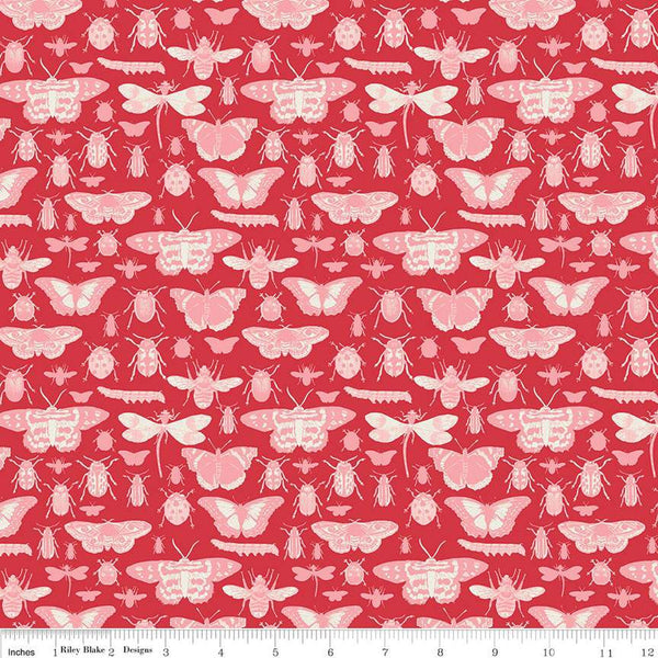 SALE Floral Gardens Insects C14362 Red - Riley Blake Designs - Bugs Beetles Dragonflies Butterflies - Quilting Cotton Fabric