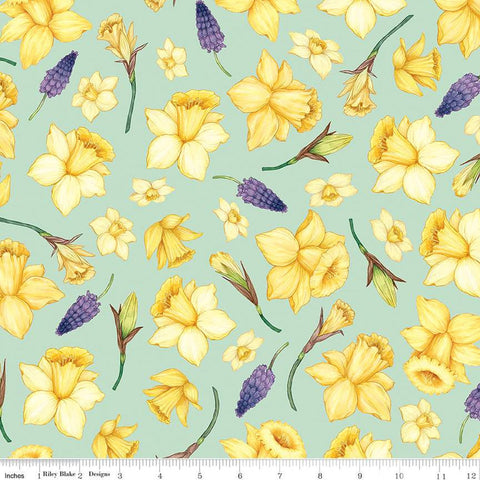 SALE Monthly Placemats 2 April Daffodils C13927 Mint - Riley Blake Designs - Floral Flowers - Quilting Cotton Fabric