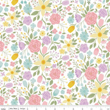10" End of Bolt - Bunny Trail Main C14250 White by Riley Blake Designs - Easter Floral Flowers - Quilting Cotton Fabric