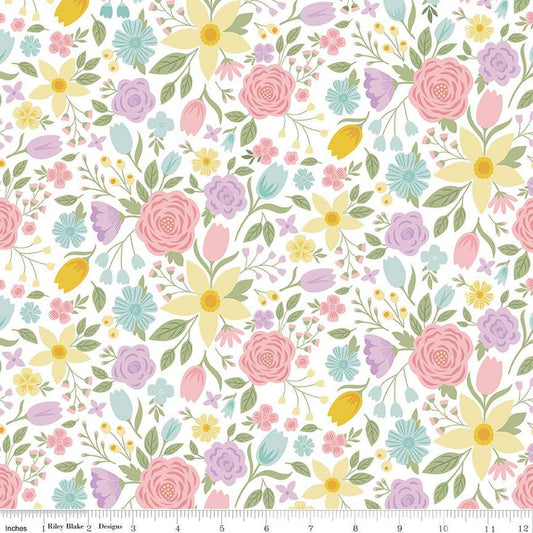 10" End of Bolt - Bunny Trail Main C14250 White by Riley Blake Designs - Easter Floral Flowers - Quilting Cotton Fabric