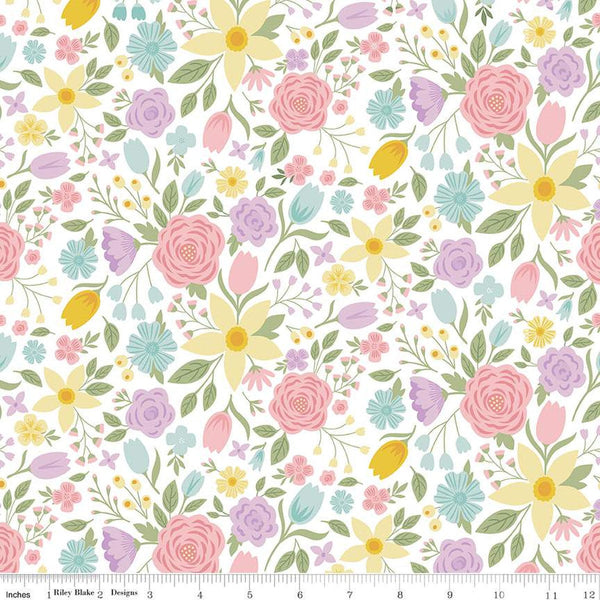 Bunny Trail Main C14250 White by Riley Blake Designs - Easter Floral Flowers - Quilting Cotton Fabric