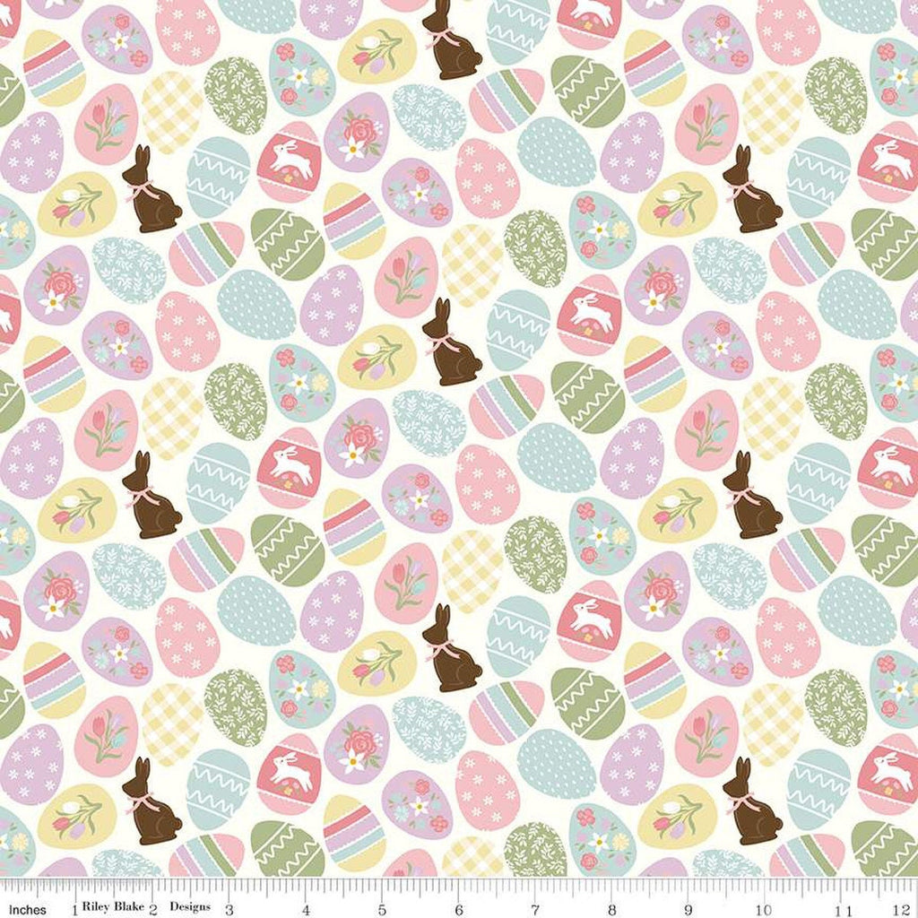 23" End of Bolt - SALE Bunny Trail Easter Eggs C14251 White by Riley Blake Designs - Easter Eggs Chocolate Bunnies - Quilting Cotton Fabric