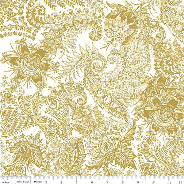 24" End of Bolt - SALE Classic Caskata Paisley SC10383 Gold SPARKLE - Riley Blake Designs - Floral METALLIC - Quilting Cotton Fabric