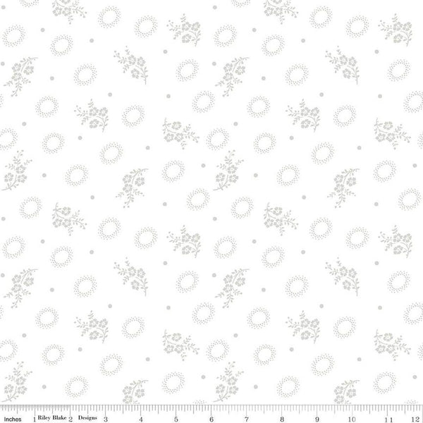 SALE Lights On Seeds and Stems C14470 - Riley Blake Designs - Floral Flowers Dotted Circles White-on-White - Quilting Cotton Fabric