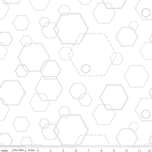 29" End of Bolt - CLEARANCE Lights On Hexies C14482 - Riley Blake Designs - White-on-White Hexagons - Quilting Cotton Fabric