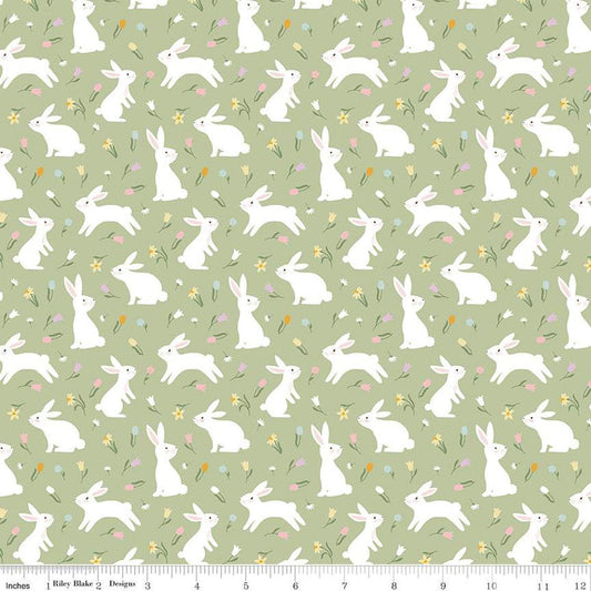 27" End of Bolt - Bunny Trail Bunnies C14252 Green by Riley Blake Designs - Easter Rabbits Flowers - Quilting Cotton Fabric