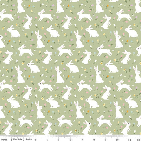 Bunny Trail Bunnies C14252 Green by Riley Blake Designs - Easter Rabbits Flowers - Quilting Cotton Fabric