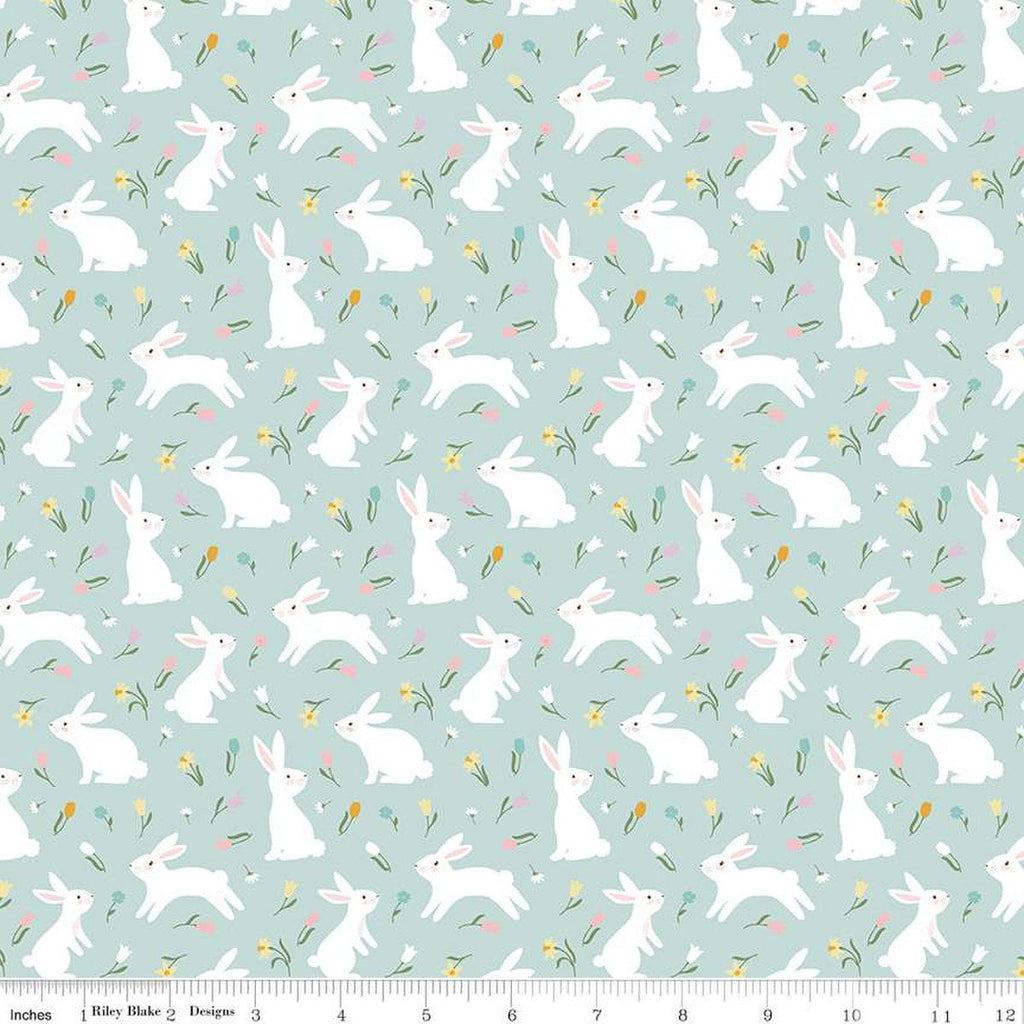 SALE Bunny Trail Bunnies C14252 Powder by Riley Blake Designs - Easter Rabbits Flowers - Quilting Cotton Fabric