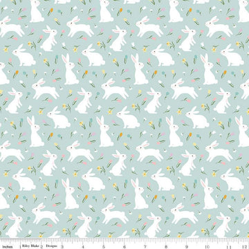 Fat Quarter End of Bolt - Bunny Trail Bunnies C14252 Powder by Riley Blake Designs - Easter Rabbits Flowers - Quilting Cotton Fabric