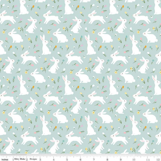 16" End of Bolt - Bunny Trail Bunnies C14252 Powder by Riley Blake Designs - Easter Rabbits Flowers - Quilting Cotton Fabric
