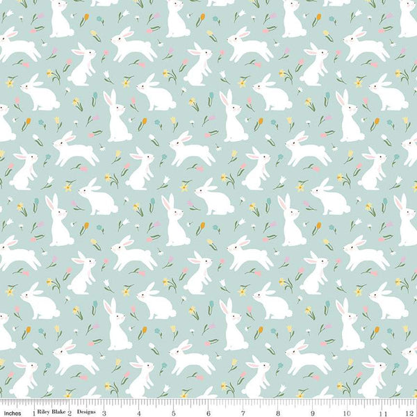 Bunny Trail Bunnies C14252 Powder by Riley Blake Designs - Easter Rabbits Flowers - Quilting Cotton Fabric