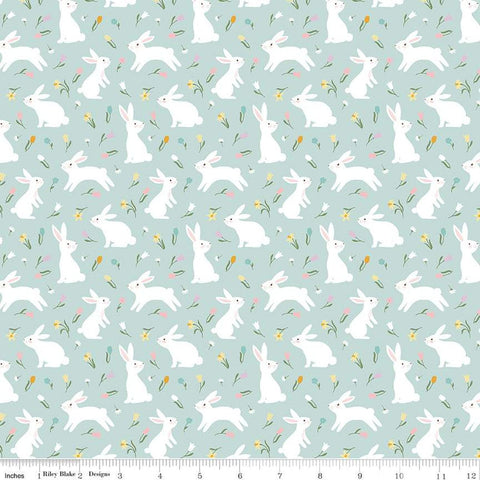 SALE Bunny Trail Bunnies C14252 Powder by Riley Blake Designs - Easter Rabbits Flowers - Quilting Cotton Fabric