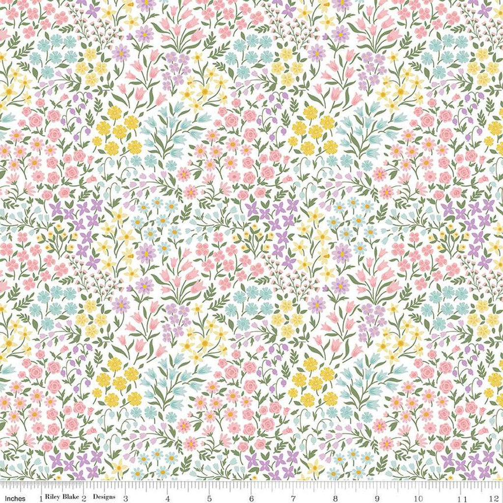 Fat Quarter End of Bolt - Bunny Trail Spring Floral C14253 White by Riley Blake Designs - Easter Flowers - Quilting Cotton Fabric
