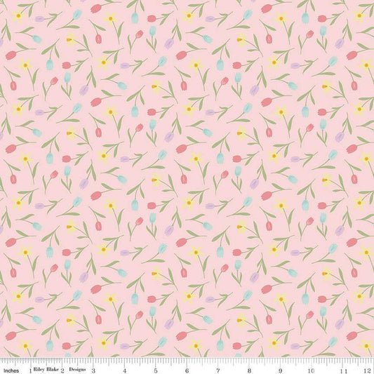 Bunny Trail Tulip Toss C14254 Pink by Riley Blake Designs - Easter Floral Flowers Tulips - Quilting Cotton Fabric