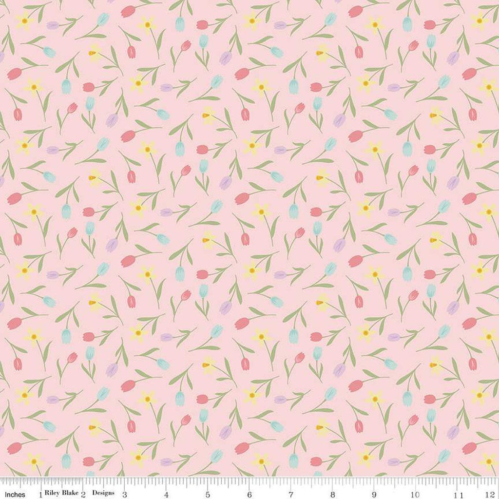 SALE Bunny Trail Tulip Toss C14254 Pink by Riley Blake Designs - Easter Floral Flowers Tulips - Quilting Cotton Fabric