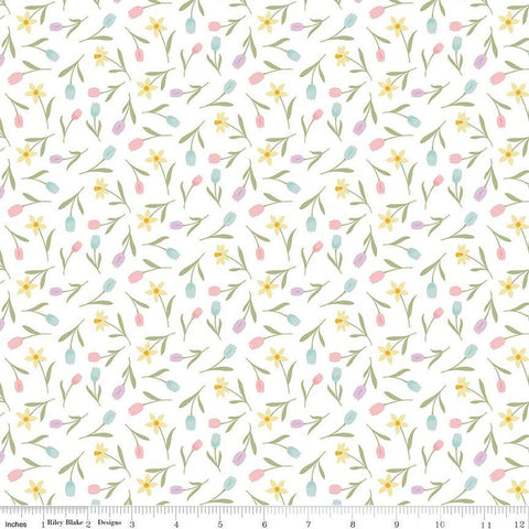 SALE Bunny Trail Tulip Toss C14254 White by Riley Blake Designs - Easter Floral Flowers Tulips - Quilting Cotton Fabric