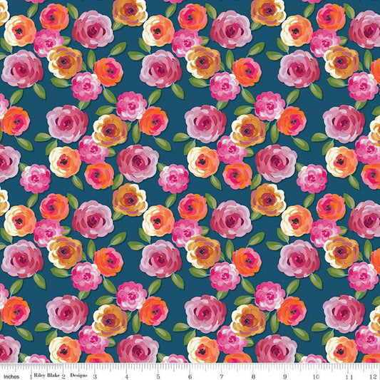 Poppies & Plumes Floral C14291 Oxford - Riley Blake Designs - Flowers Leaves - Quilting Cotton Fabric