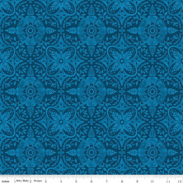 28" End of Bolt - Poppies and Plumes Damask C14292 Navy - Riley Blake Designs - Damask Medallions - Quilting Cotton Fabric