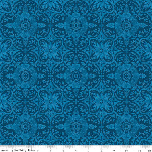28" End of Bolt - Poppies and Plumes Damask C14292 Navy - Riley Blake Designs - Damask Medallions - Quilting Cotton Fabric