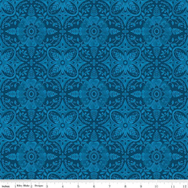 Poppies and Plumes Damask C14292 Navy - Riley Blake Designs - Damask Medallions - Quilting Cotton Fabric