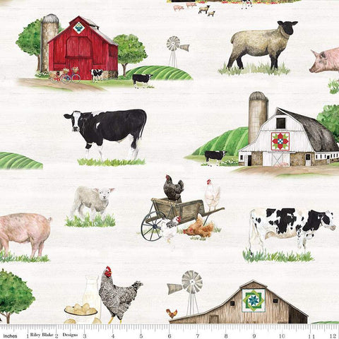 SALE Spring Barn Quilts Main CD14330 Parchment - Riley Blake Designs - DIGITALLY PRINTED Cows Sheep Chickens Pigs Barns  - Quilting Cotton