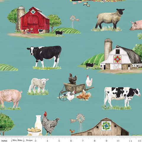 Spring Barn Quilts Main CD14330 Teal - Riley Blake Designs - DIGITALLY PRINTED Cows Sheep Chickens Pigs Barns  - Quilting Cotton