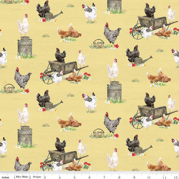 Spring Barn Quilts Chickens CD14331 Yellow - Riley Blake Designs - DIGITALLY PRINTED Wheelbarrows Milk Cans Baskets - Quilting Cotton