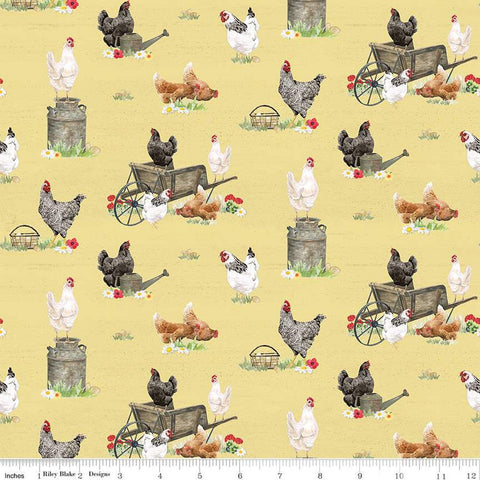 SALE Spring Barn Quilts Chickens CD14331 Yellow - Riley Blake Designs - DIGITALLY PRINTED Wheelbarrows Milk Cans Baskets - Quilting Cotton